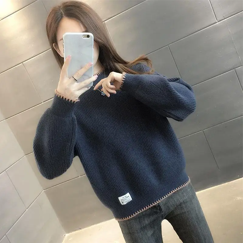 Autumn and Winter Women\'s Contrast Color Half High Collar Long Sleeve Knitted Sweaters Jumpers All-match Fashion Casual Tops