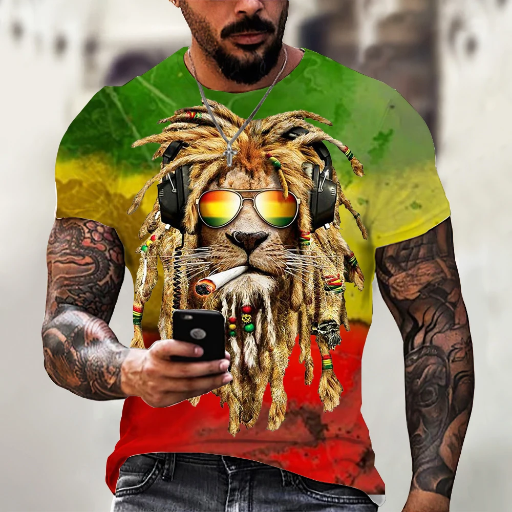 Retro Colorful Lion 3d Print Summer Men\'s Round Neck T-shirt Casual Short Sleeve Oversized T Shirt Fashion Tee Tops Men Clothing