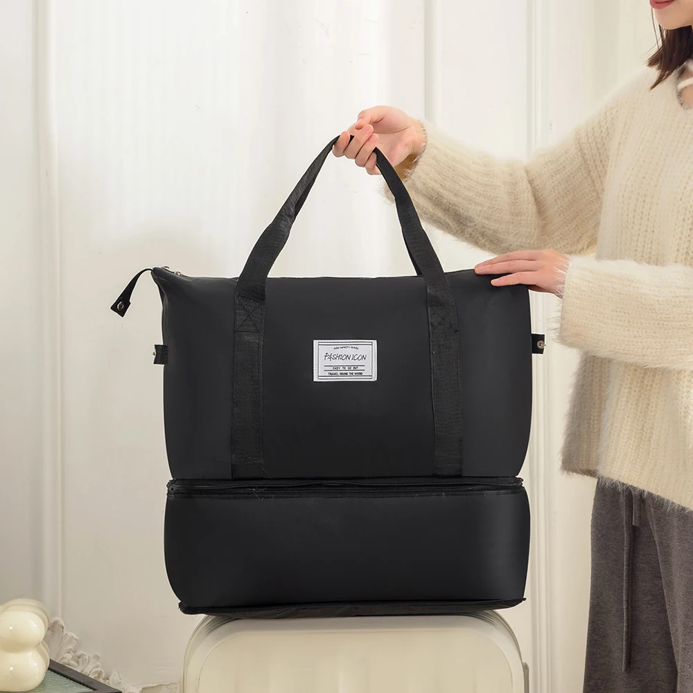 Fashionable foldable large-capacity double-layer travel bag; luggage storage bag, multifunctional handbag; lightweight portable expandable maternity bag; solid color unisex dry and wet separation gym bag