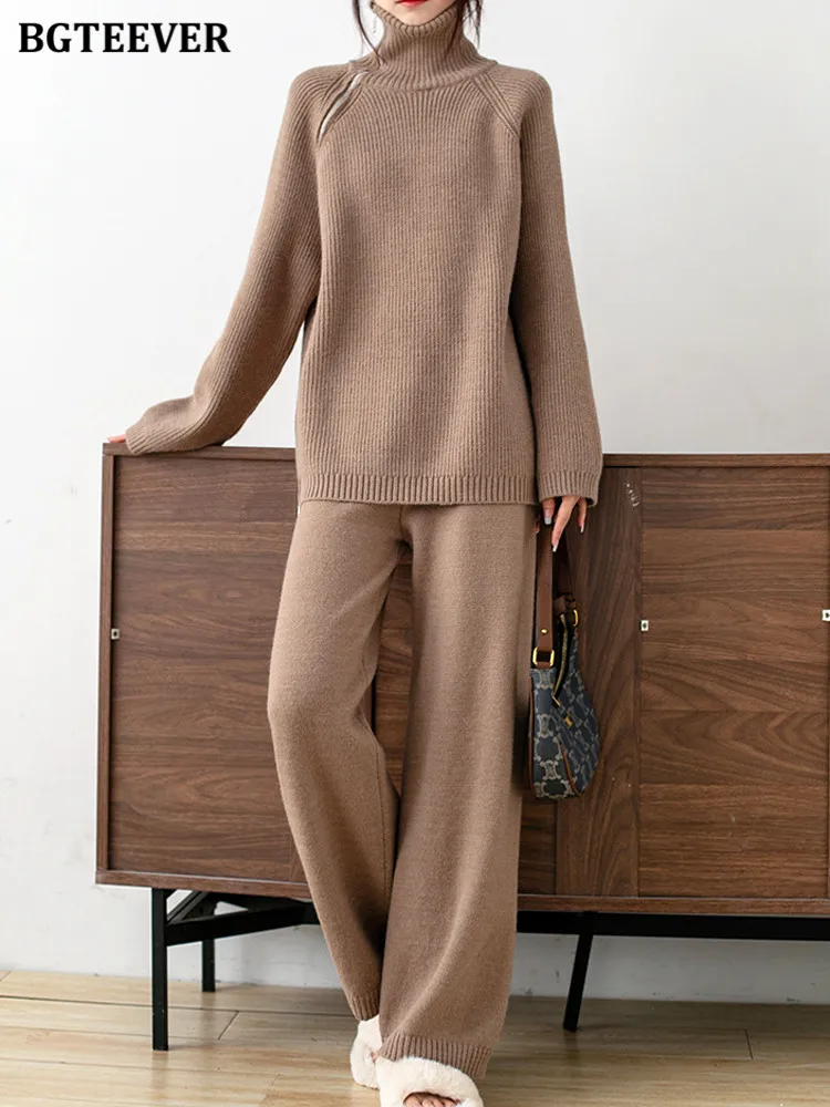 

BGTEEVER Winter 2 Pieces Sweater Trousers Set Women Zippers Turtleneck Pullovers & Elastic Waist Wide Leg Knitted Pants