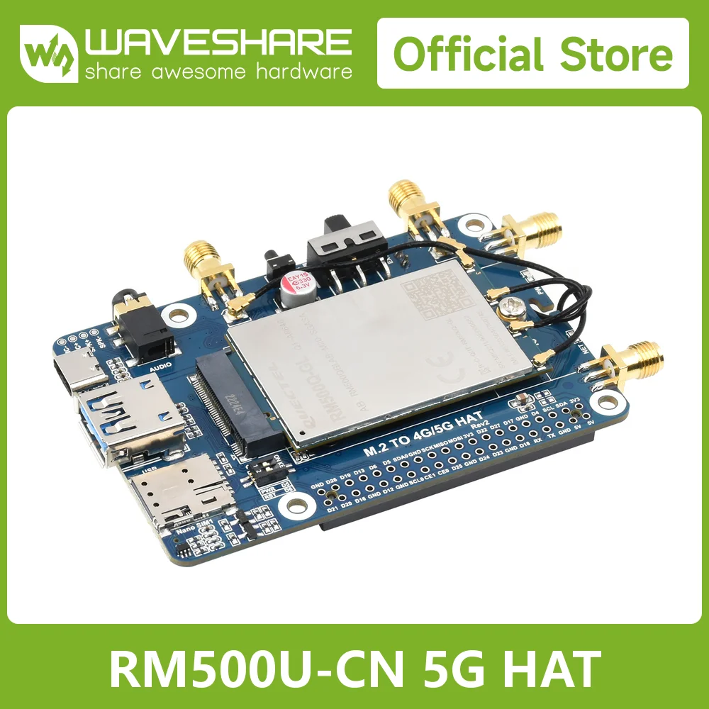 

Waveshare RM500U-CN 5G HAT for Raspberry Pi, quad antennas LTE-A, multi band, 5G/4G/3G