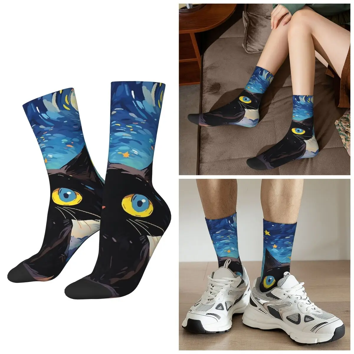 

Всесезонные носки с черным котом под звездами, художественные носки Harajuku, спортивные носки средней длины, забавные чулки для мужчин и женщин, рождественские подарки