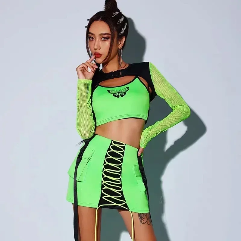 Traje de escenario de bailarina Gogo para club nocturno, ropa de porristas para adultos, nuevo traje de baile de Jazz Kpop, ropa de HipHop verde fluorescente