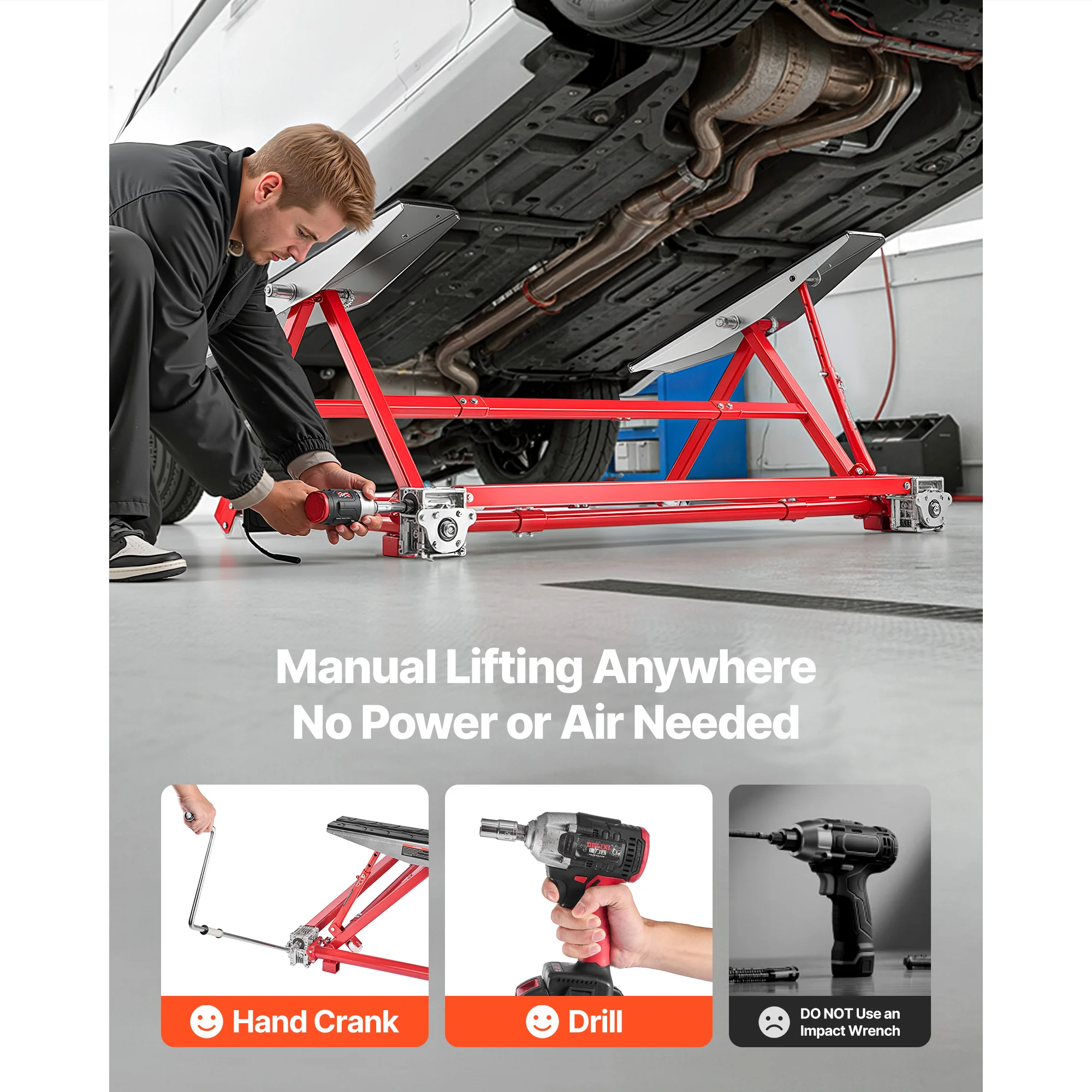SucceBuy Portable Car Lift 4400 lbs Capacity Steel with 23 in Max Height Adjustable Width and Wheels Manual Lifting for Cars