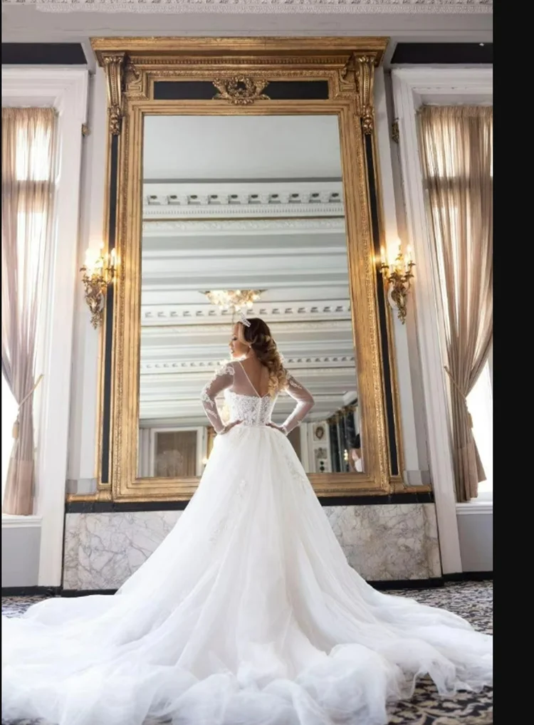 Vestido de novia con apliques de encaje y cuello redondo, ilusión personalizada, falda extraíble, mangas largas, vestidos de novia Vintage africanos