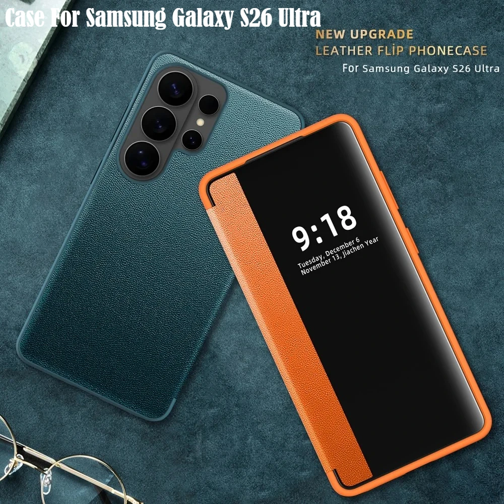 Smart Window Fold Stand Leather Case for Samsung S26 Ultra S25 S24 Plus S23 S22 with Card Pin and Slot Position Shockproof Cover