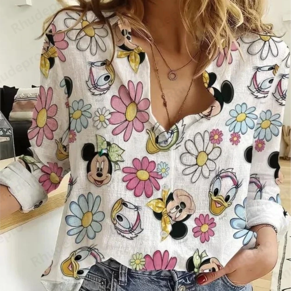 2025 Disneyฮาวายผู้หญิงเสื้อฤดูร้อนMinnie Mickeyแขนยาวเสื้อ 3Dพิมพ์แฟชั่นสบายๆY2Kผู้หญิงเสื้อยืด