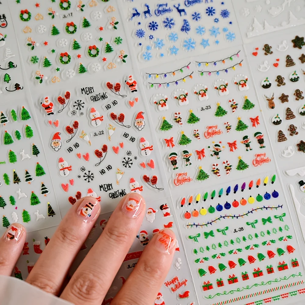 30개입 크리스마스 네일 아트 스티커 세트, 셀프 접착식, 일회용 데칼, 순록 크리스마스 트리 디자인, 귀여운 세미 매트 마감