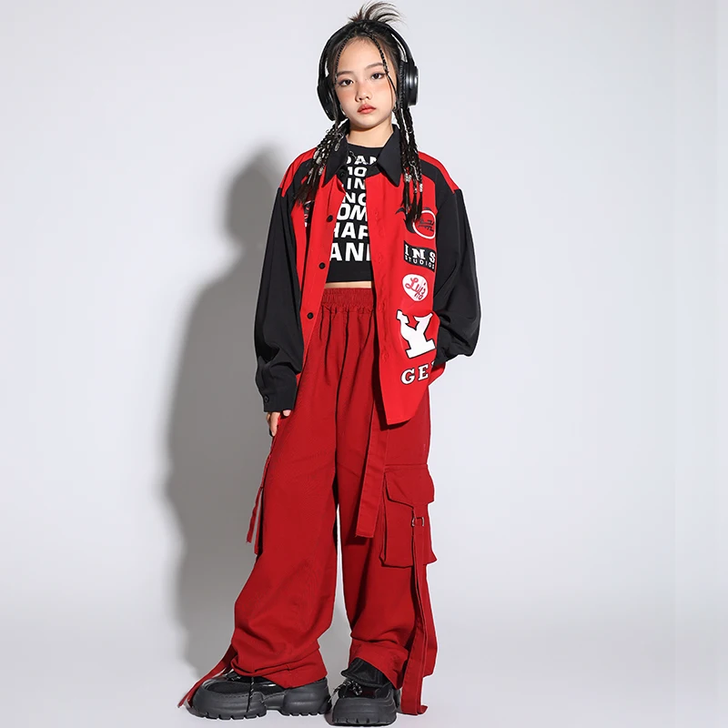 Hip Hop Clothing Girls Boys Motorcycle Red Jacket Street Dance Cagro Pants Children Kids Jazz Costumes Teenage Clothes Sets