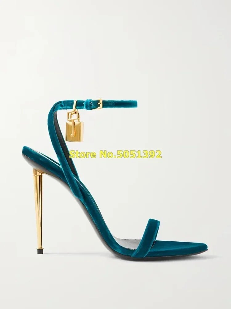 Velvet Ankle Strap Lock Sandals Thin High Heel Open Toe Ankle Buckle Strap Runway Fashion Summer Women Sandals Solid