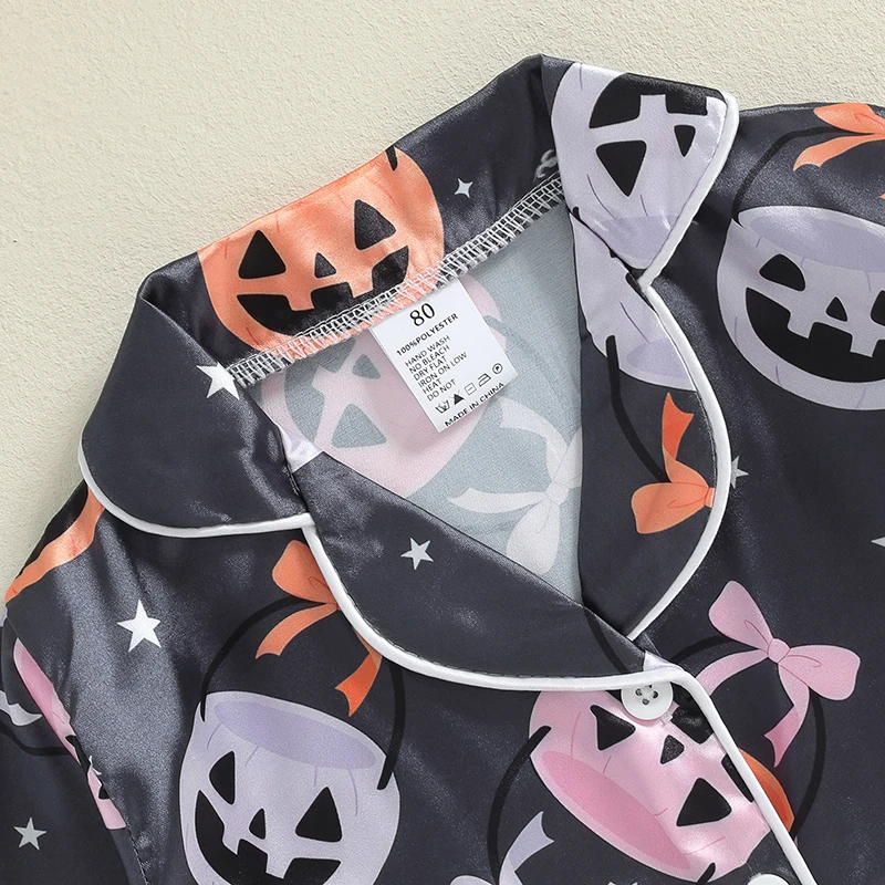 2024-06-13 Lioraitiin 1-7Y Kids Girls Halloween Pajama Sets Long Sleeve Lapel Pumpkin/Bow Print Shirt Pants Sleepwear