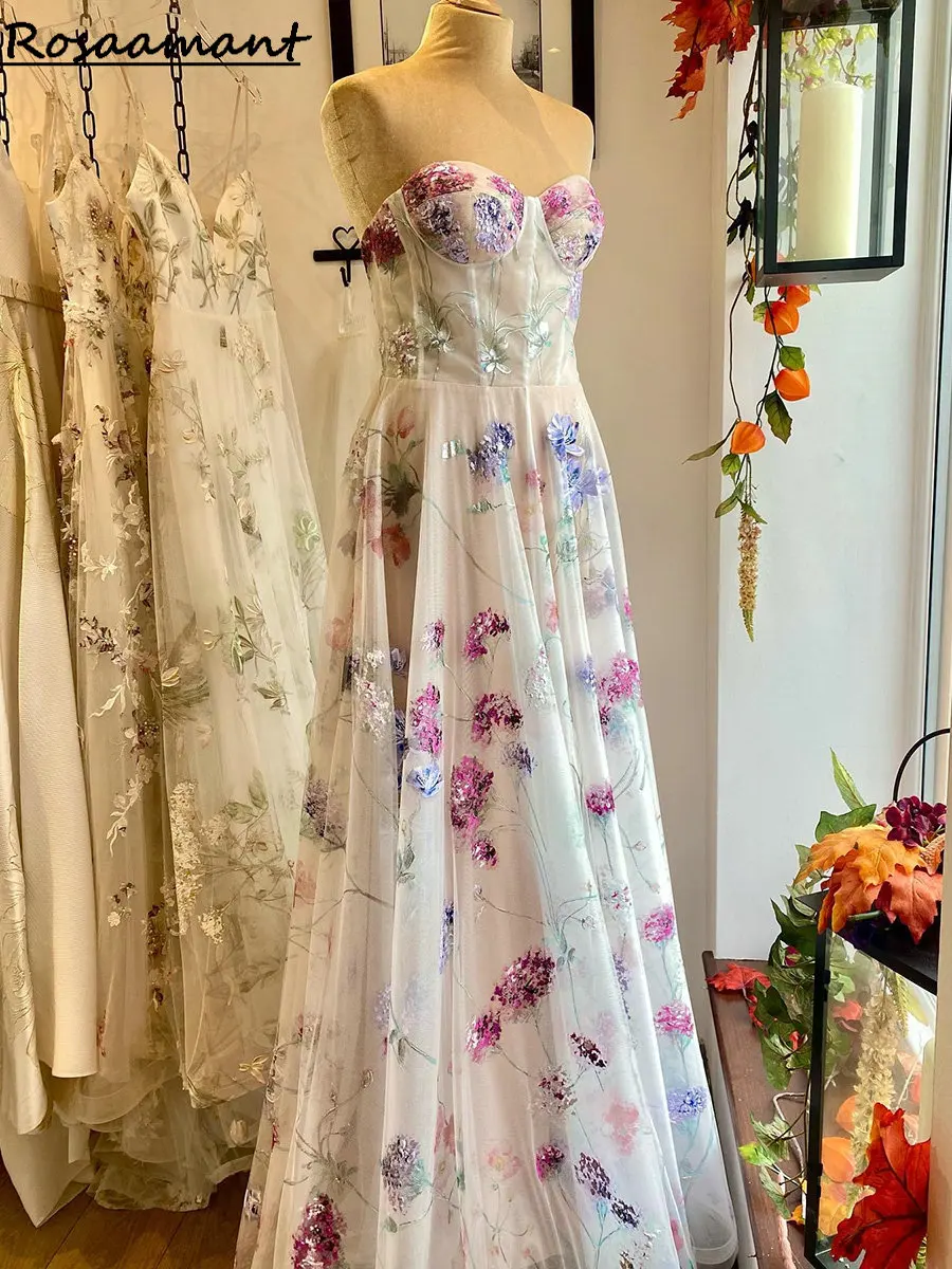 Vestidos de novia sin mangas de ilusión de imagen Real, línea A, escote Corazón, estampado Floral, vestidos de novia bohemios de campo