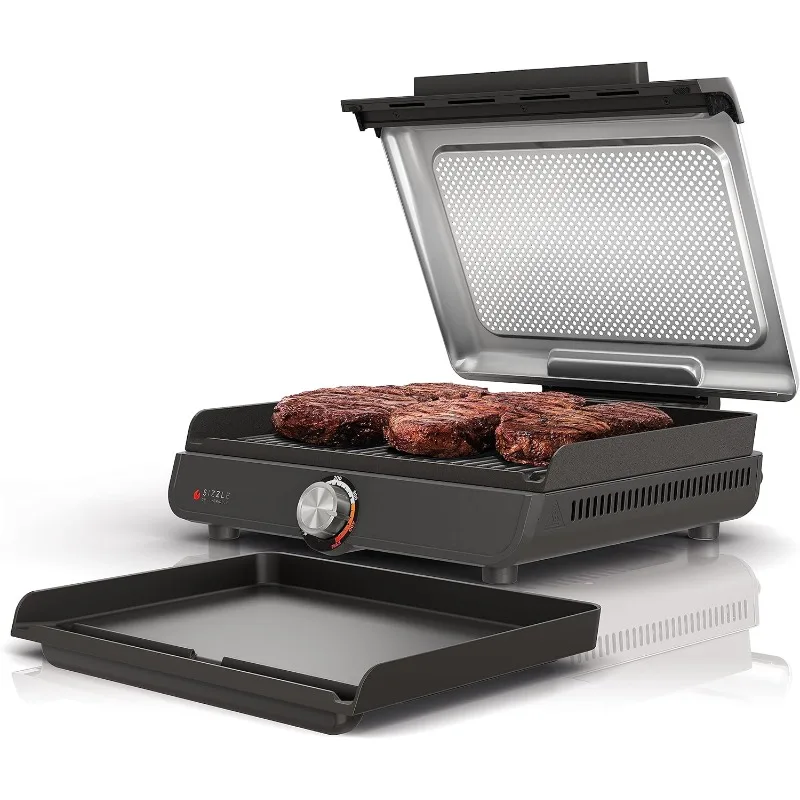 Ninja GR101 Sizzle Smokeless Indoor Grill & Griddle, 14'' Interchangeable Nonstick Plates, Dishwasher-Safe Removable Mesh Lid