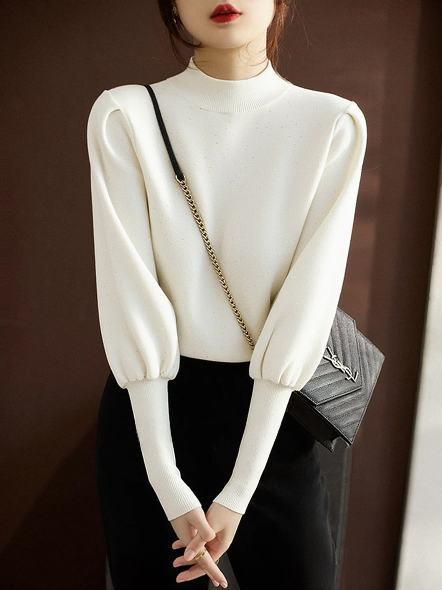 

Chivirin Women's Faionable Innerwear Top f High Collar Lantern Sve Base irt Warm Sli Autumn Winter New Arrival