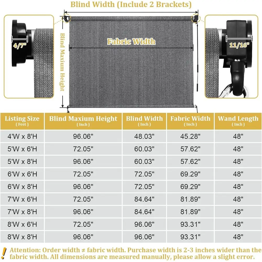 ظلال دوارة خارجية لاسلكية باللون الرمادي، عرض 6 أقدام × ارتفاع 8 أقدام، تصميم مقسم للفناء والشرفة والمراقبة