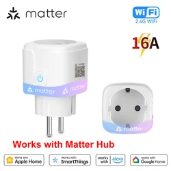 Matter WiFi Smart Socket 16A EU Home Appliance Outlet Mini Smart Plug Adapter APP Control Works with HomeKit Siri Alexa Google