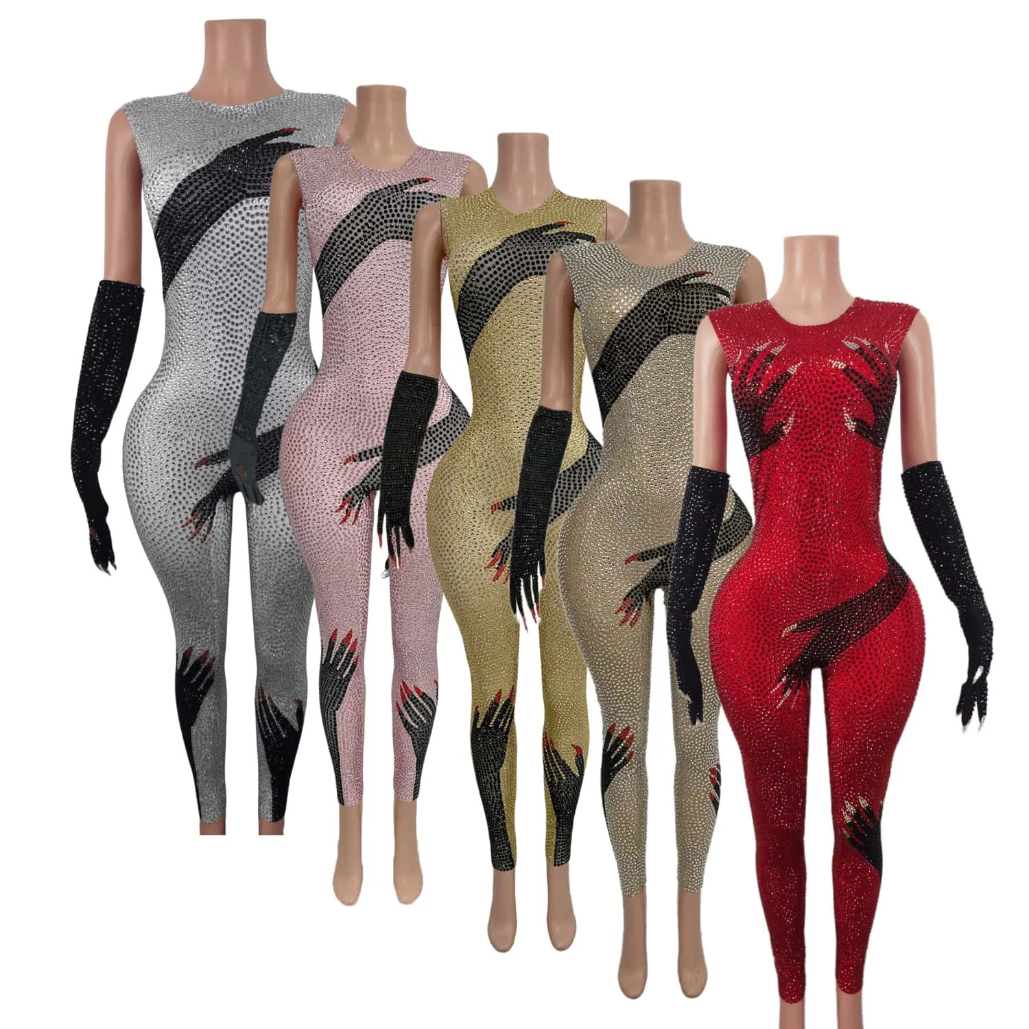 

Heishou Sparkly Rhinestone Jumpsuit Black Hand Gloves Women Celebrate Tights Performance Costume Singer Show Stage Wear