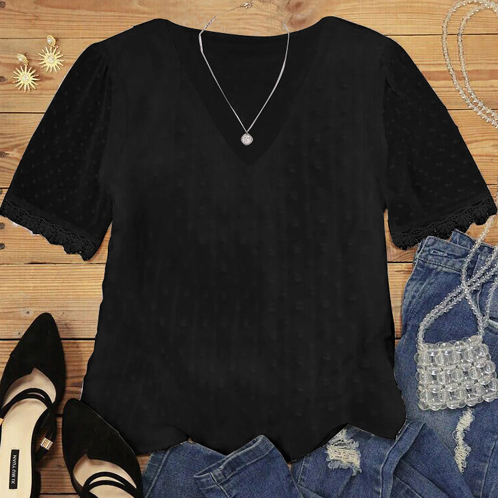 女性のためのモノクロシフォンシャツ、ルーズフィット、レースパチカフ、バレンタインデーギフト