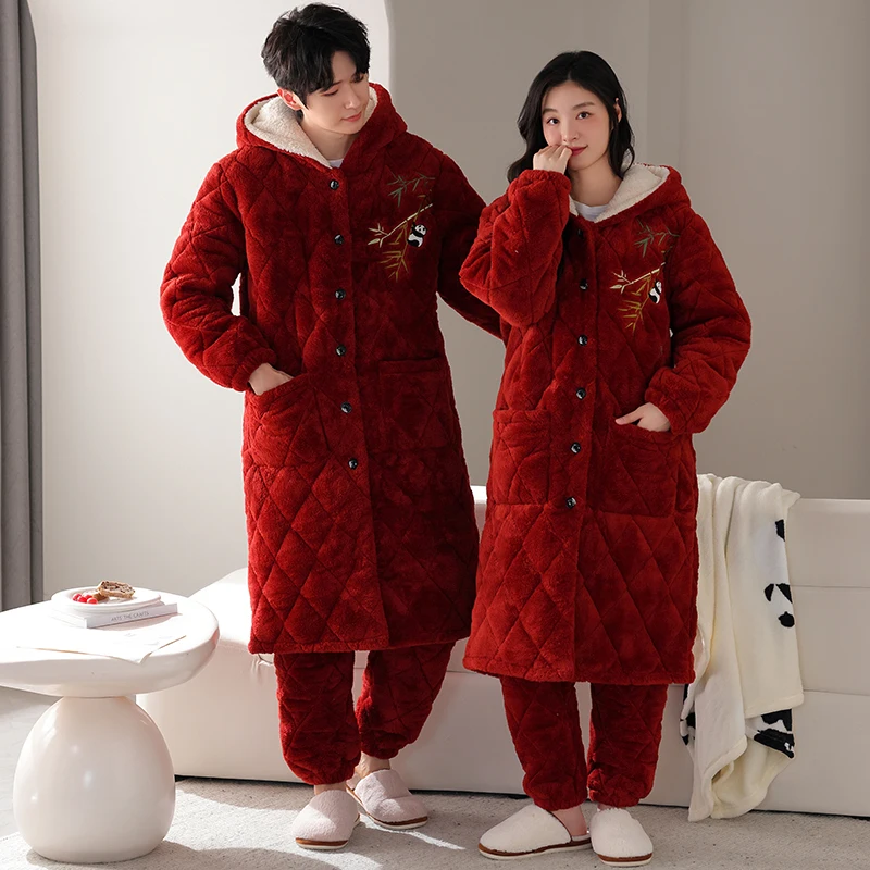 Thick 3 Layer Clip Cotton Hooded Bathrobe+Pant Men Women Winter Warm Kimono Bath Robe Dressing Gown