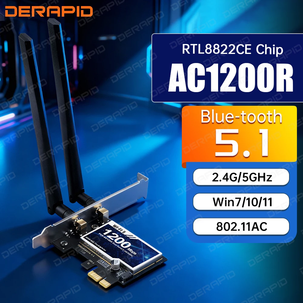 

Двухдиапазонная Wi-Fi-карта AC1200 RTL8822CE для ПК Bluetooth 5,1 867 Мбит/с 5 ГГц PCIe Сетевая карта Windows 10 11 Установка без драйверов