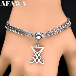 Lucifer Symbol Seal Bracelet for Women Men Stainless Steel Silver Color Church of Satan 2 Layers Chain Bracelets Jewelry B1731S2
