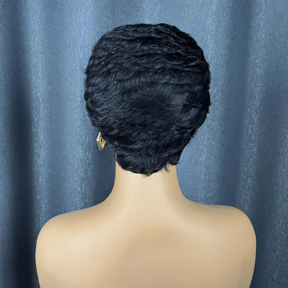 شعر مستعار بقص عابث من شعر بشري، باروكات بيكسي للنساء ذوات البشرة السمراء، باروكات قصيرة مصنوعة آليًا بالكامل، شعر مستعار أسود طبيعي