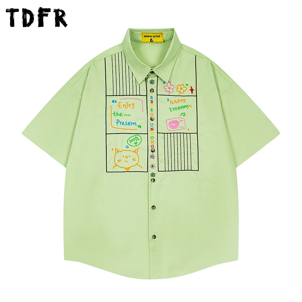 Cartoon Embroidery Short Sleeve Shirts Mens Summer Retro Casual Loose Lapel Half-Sleeve Single Breasted Curved Hem Cotton Shirts