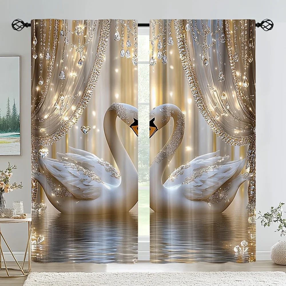 2pcs Modern Swan & Crystal Pearl Print Polyester Curtains with Rod Pocket – for Living Room, Bedroom & Office Decor