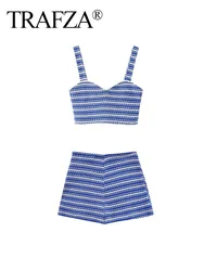 TRAFZA Damski letni 2-częściowy zestaw Sexy Blue Stripes Knit Backless Sleeveless V-Neck Top + Casual Slim Zipper High Waist Shorts TRAF