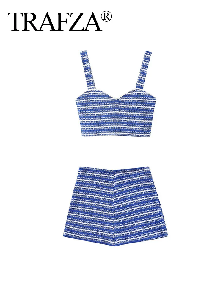 TRAFZA Women Summer 2 Piece Set Sexy Blue Stripes Knit Backless Sleeveless V-Neck Top+Casual Slim Zipper High Waist Shorts TRAF