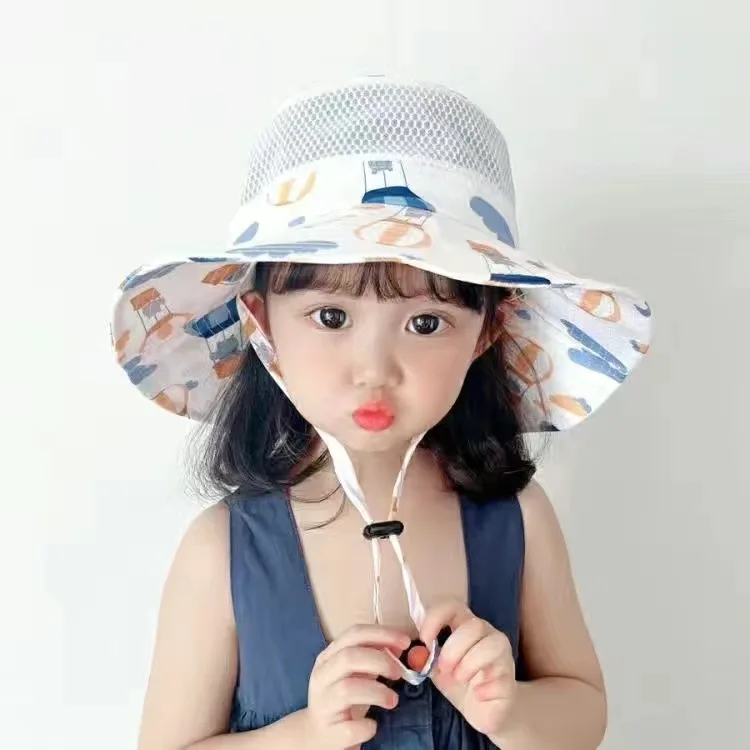 

2-7 Years Old Children's Hat Large Brim Sun Protection Summer Thin Mesh Breathable Bucket Hat Baby Girls Outdoor Large Sun Hat