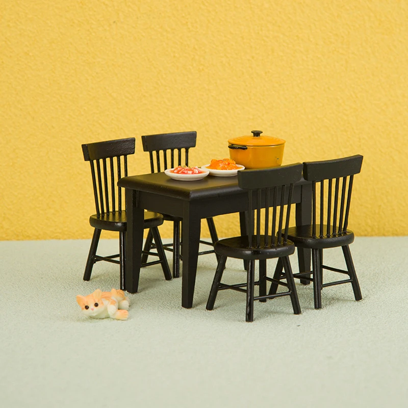 1:12 Dollhouse Kitchen Restaurant Mini Dining Table Food Black Table Chairs Scene Model Wooden Furniture Decor Toy Accessories