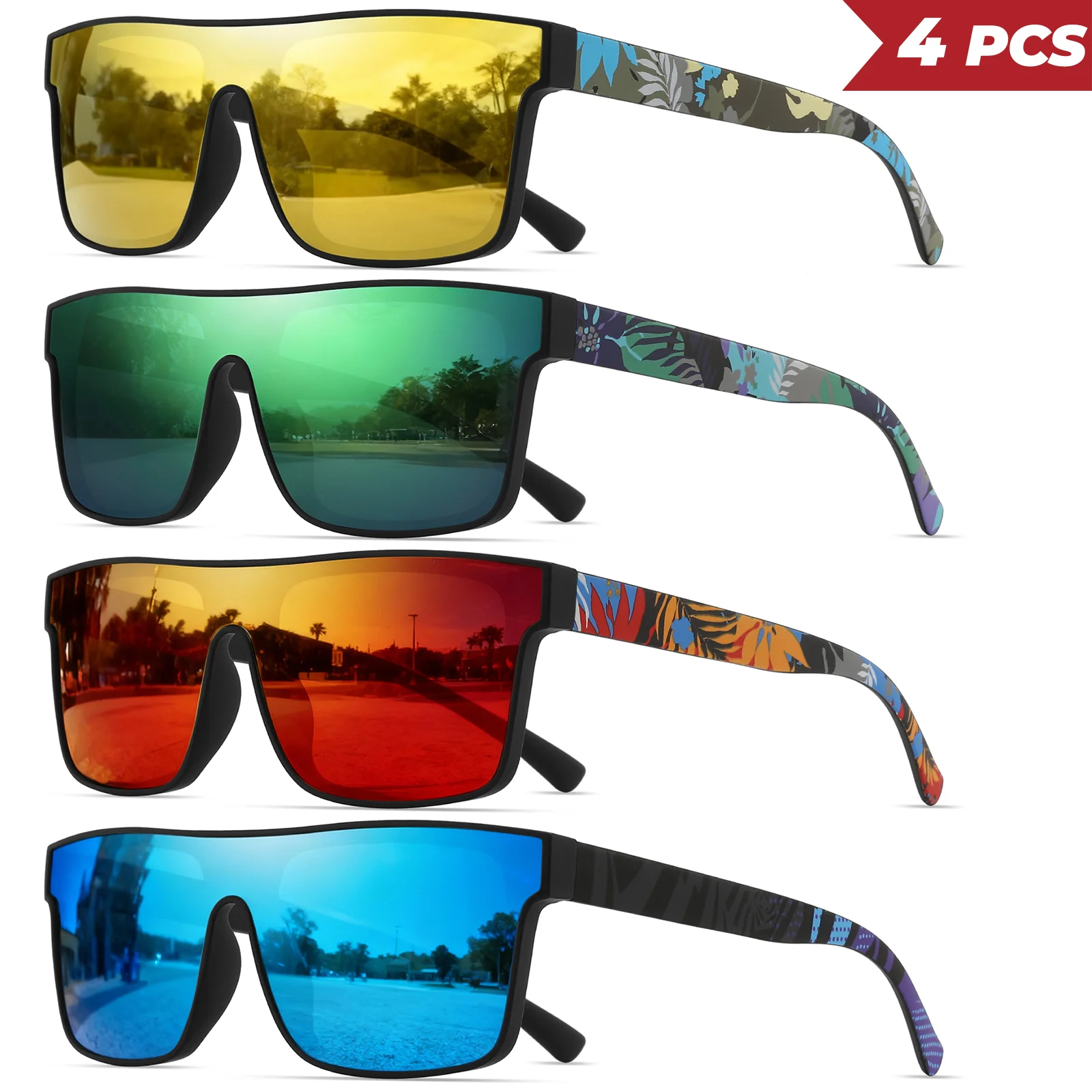 4PCS Classic Square Fashion Sports Sunglasses - Patterned Temples, Unisex for Cycling, Hiking, Travel - Perfect Gift