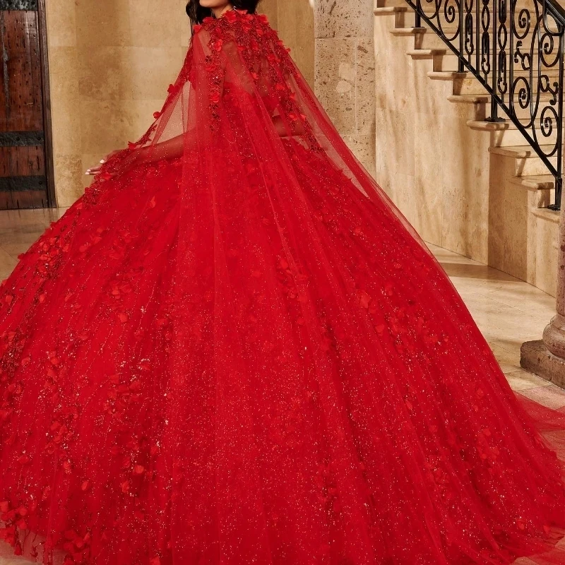 Red Princess Off Shoulder Ball Gown Quinceanera Dresses With Cape 3D Flower Beads Corset Sweet 16 Dress Gowns vestido de 15