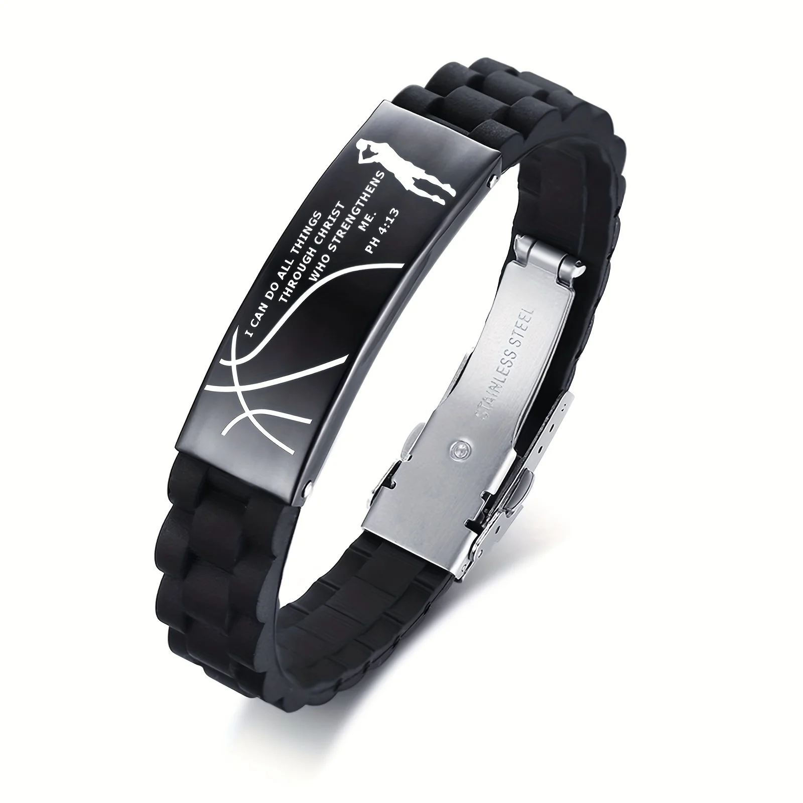 

Fashion Sporty Black Silicone Stainless Steel Basketball Bracelet for Men Baseball Bracelet Men Spiritual Jewlery