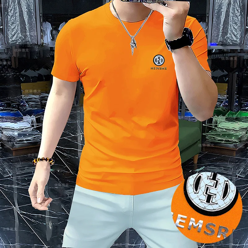 Handsome Men's T-shirt Summer New Heavy Workmanship H letter Design Male Tees Mercerized Cotton Short Sleeved Man Clothing M-5XL