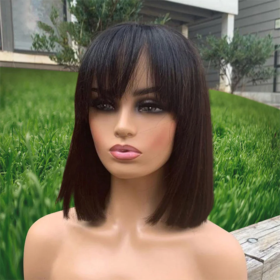 Straight Bob Peruca com Bangs Bone Straight Perucas de Cabelo Humano para Mulheres Máquina Completa de Cabelo Humano Perucas Bob Fringe Wig 8-16 Polegadas