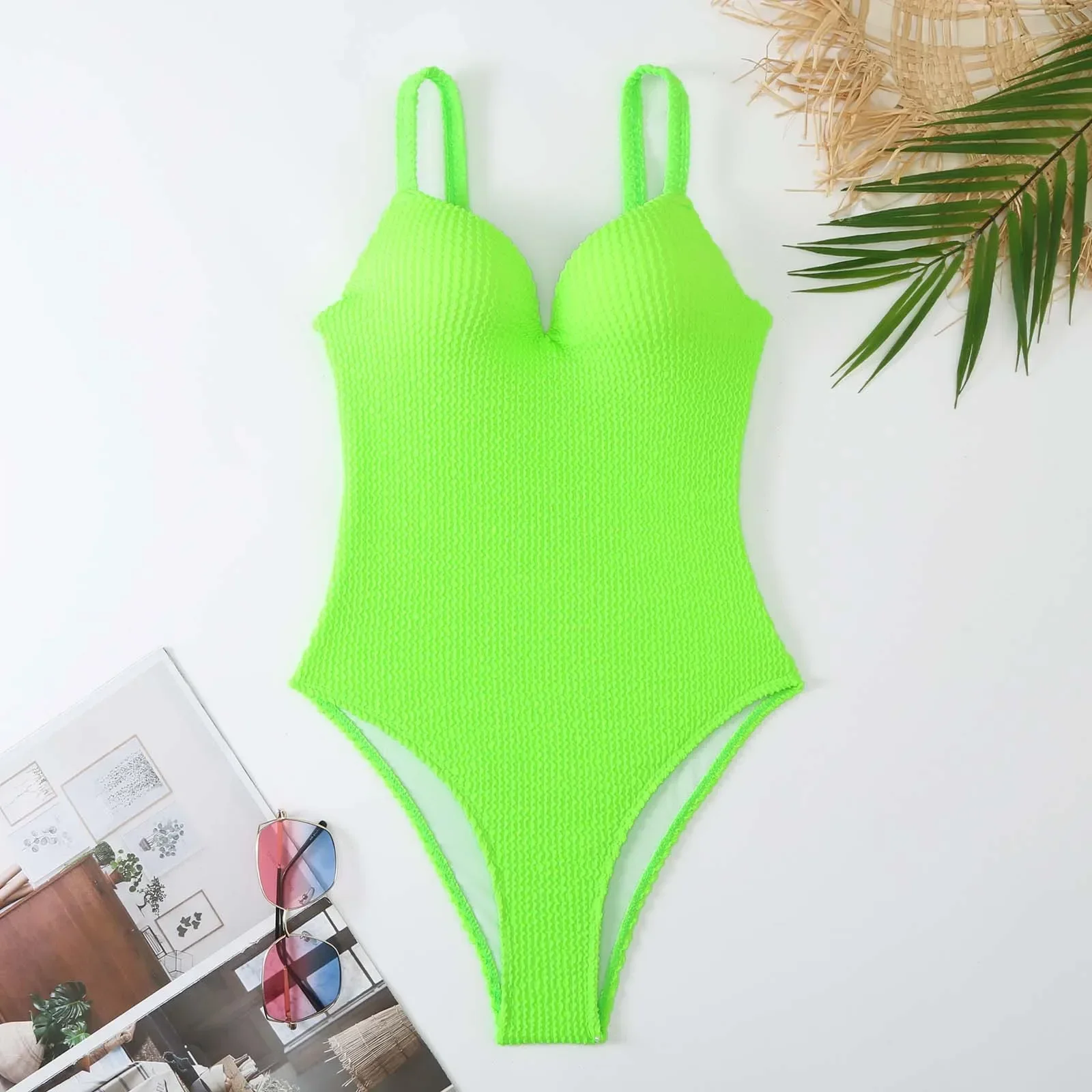 

2024 Solid Color One Piece Swimsuit Women Sexy V-neck Bikini Hard Cup Push Up Swimwear Suspender Backless Summer Monokini Y300