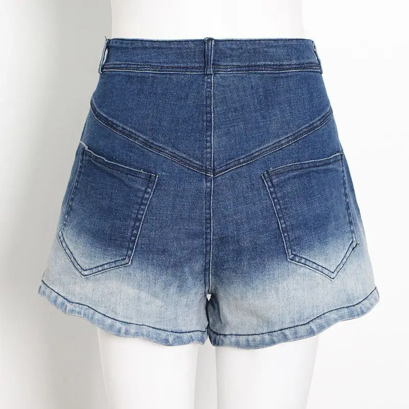 New Summer Gradient Color Design Sense Wide-Leg Denim Shorts Women'S High Waist Straight-Leg Casual Meat-Covering Pants