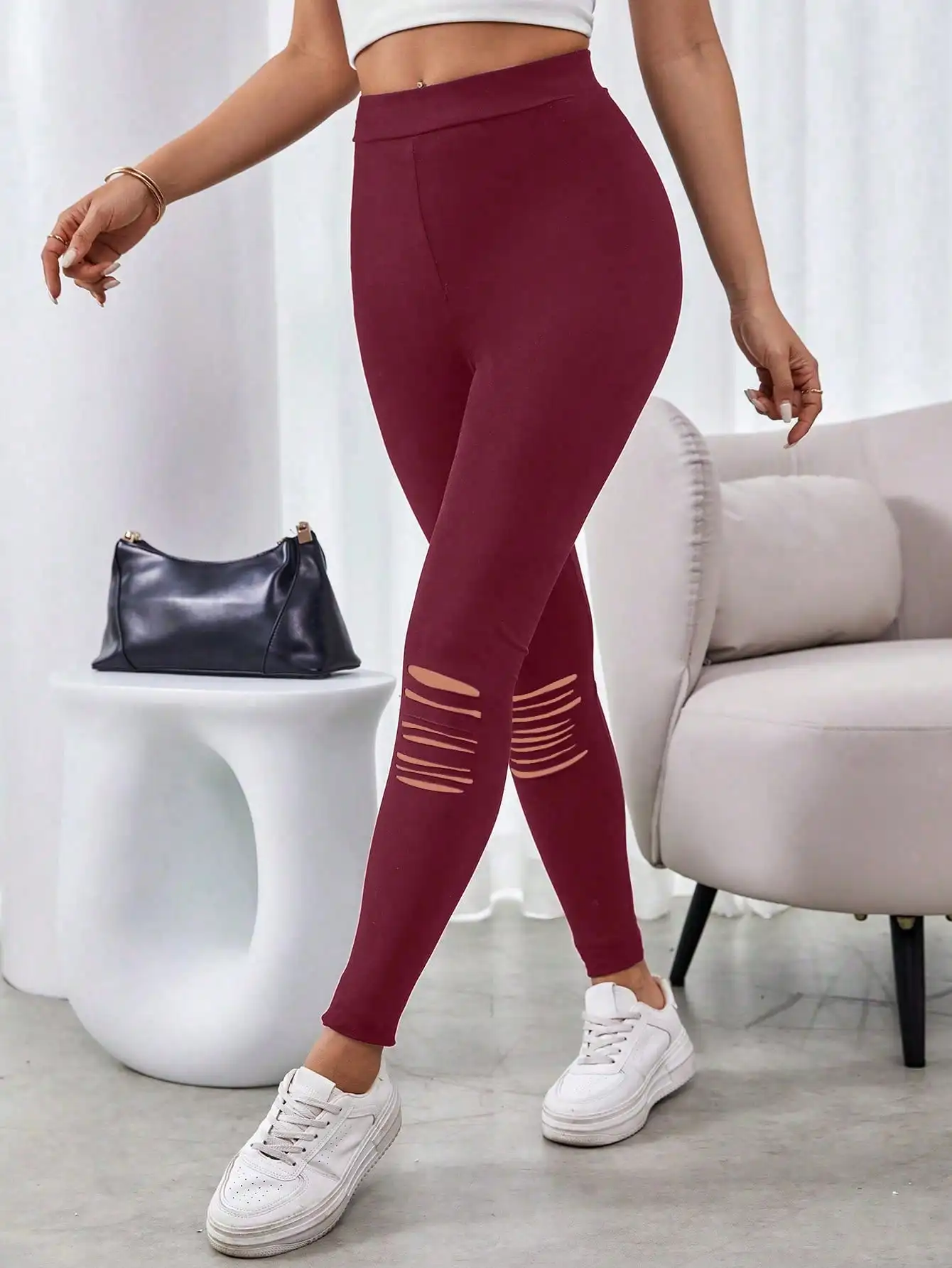 Schöne modische, lässige, gestrickte Damen-Leggings für Frühling und Sommer mit hohlem Loch