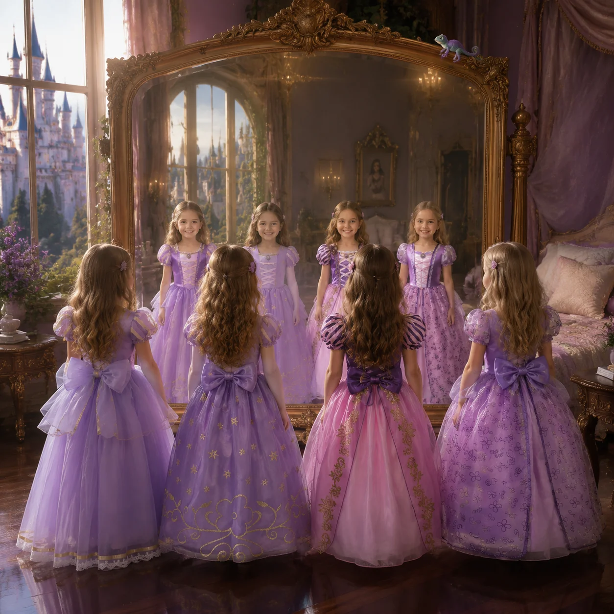 Muababy Rapunzel Magic Hair Tangled Princess Dress Set for Girls Halloween Birthday Christmas Party Costume Kids 2-10Y