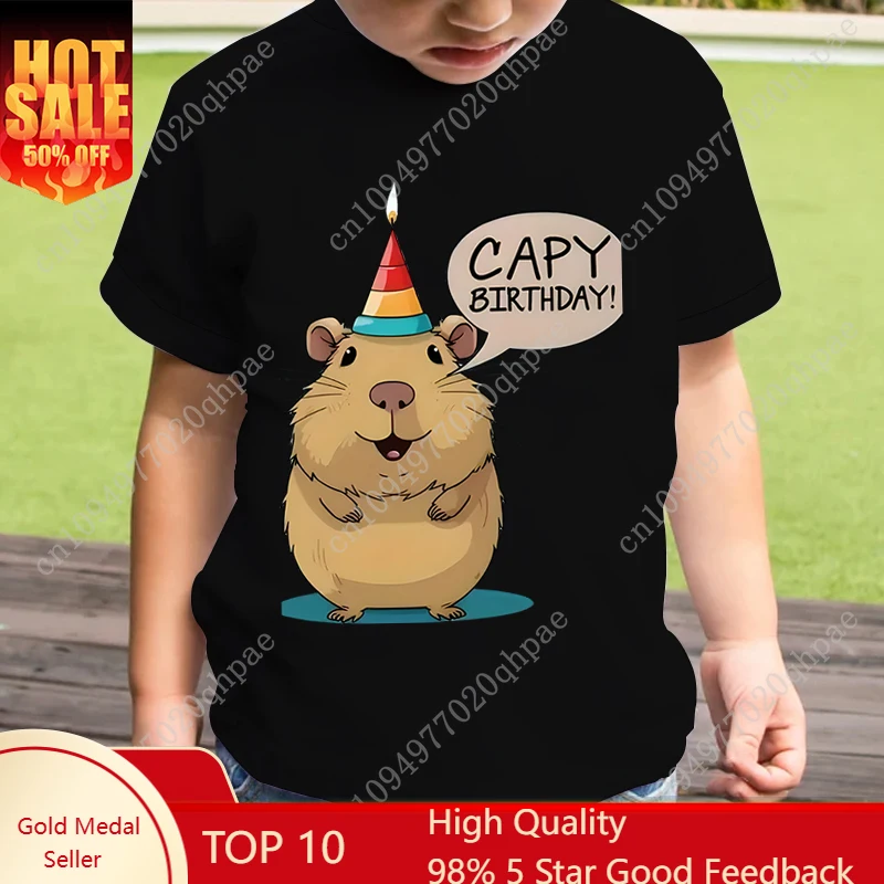 

2025 Children's Capybara T-Shirt Kids Short Sleeve Shirt Capy Birthday Print Round Neck Tops Boys Girls Birthday Gift T Shirt