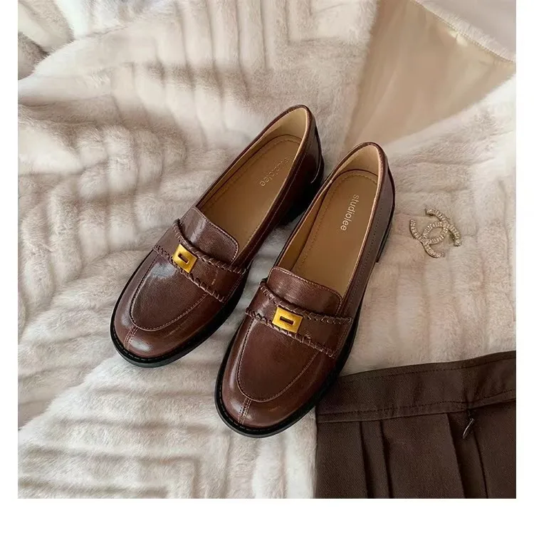 

Leather Mary Jane Shoes with Small Gold Buckle British Style round Head Thick Heel Commuter Flat Shoes Comfortable Rubber Sole