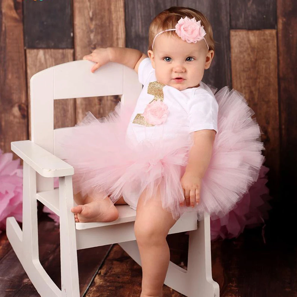 Baby Girl First 1st Birthday Party Dress Cute Christening Outfits One Year Baby Girl Bodysuit and Tutu Dress Newborn Set