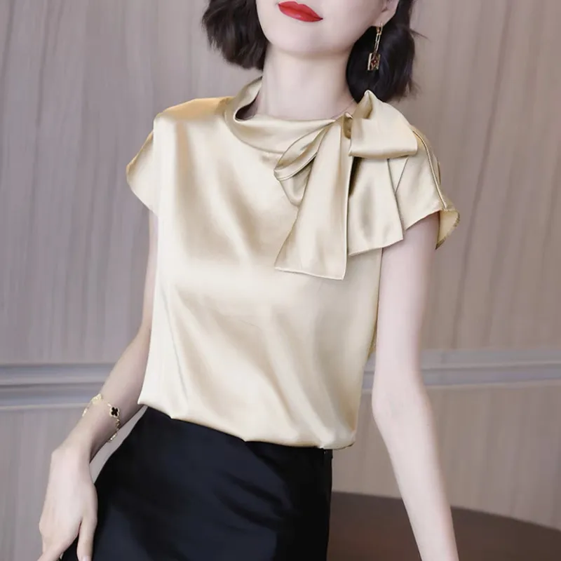 England style Women elegant bow tie silk stain shirts Fashion Acetate satin Tops Shirt Office Lady Blouse blusones de mujer