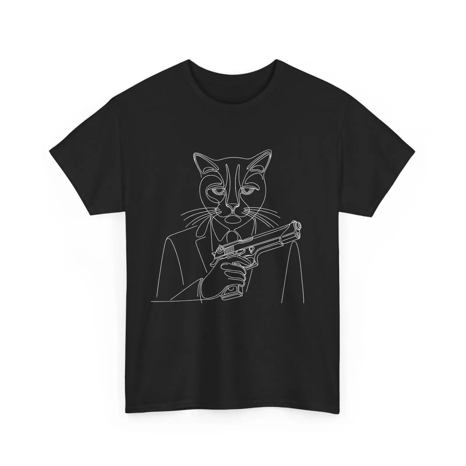 Adult T Shirt Melancholic Cat With Gat Pistol Gun Feline Art Tee Streetwear Fire