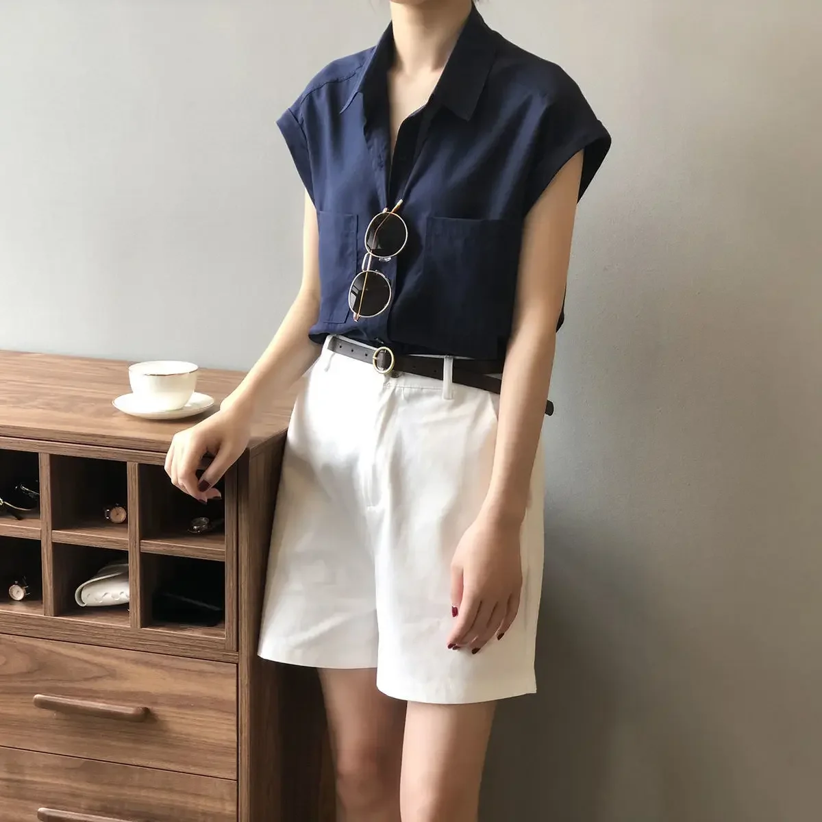 Pure Cotton Solid Color Double Pockets Women's Shirt in Summer New Casual Simplicity Retro Short Sleeved Shirt Top for Women