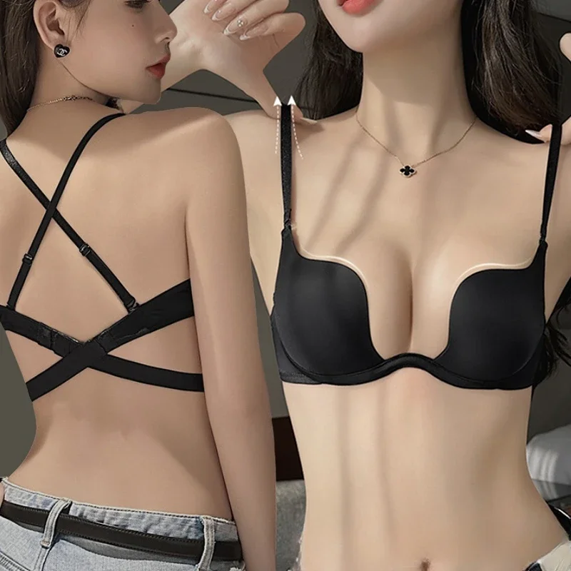 Summer Backless Bras Women Invisible Deep U Lingerie Sexy Crossband Underwear Low Cut Push Up Open back Bra Intimates Female Bra