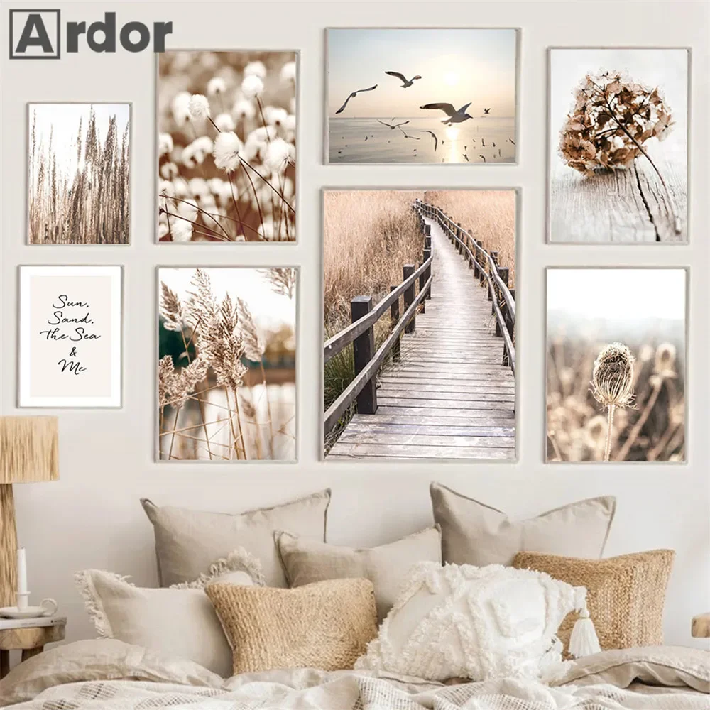 Dried Flower Reed Poster Pictures Plant Hay Bridge Prints Canvas Painting Lake Bird Wall Art Nordic Posters Living Room Decor