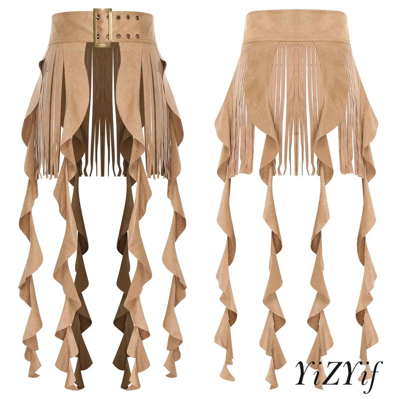 

Womens Bohemian Cowgirl Skirt with Cascading Fringe And Adjustable Buckle Belt Stylish Layered Design for Party Music Festivals
